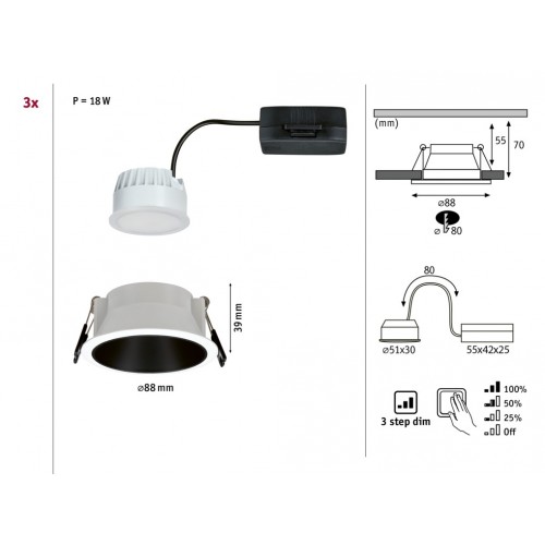 Світлодіодний вбудований світильник COLE COIN 3-STEP DIM 3x6W 470lm 2700K IP44 230V білий / матово-чорний фото 4