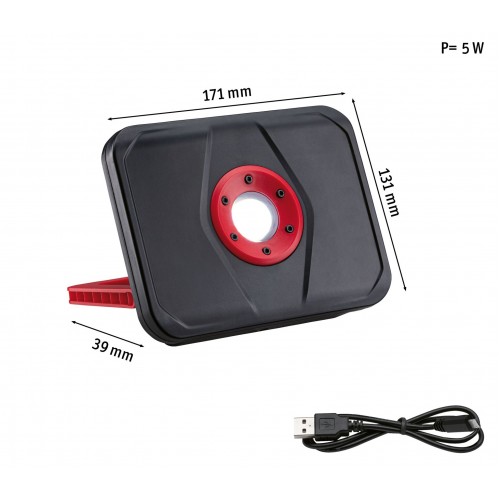 Світлодіодний робочий ліхтар, акумуляторний, DIM 5W USB, 440lm IP65 6500K DC5V, чорний/червоний, пластик фото 9