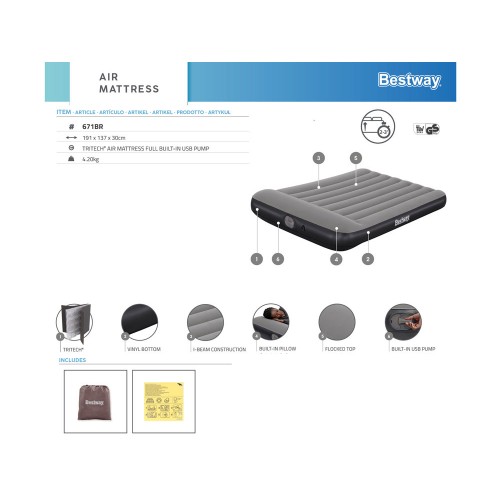 Надувний матрац Bestway Tritech на 2 особи з вбудованим USB-насосом 191x137 см 671BR фото 13