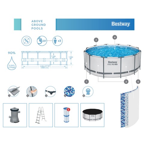 Bestway Frame Pool 366x122cm 12in1 Pump Ladder Cover Mat 56420 фото 3