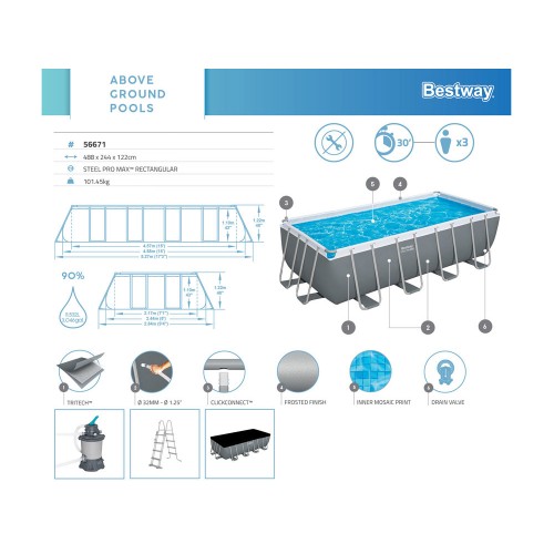 Bestway Frame Pool 488x244x122cm 9in1 Pump Ladder Cover 56671 фото 4