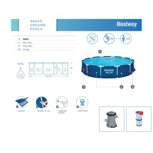 Bestway Frame Pool 366cm x 76cm 7in1 Pump + Filter 56681 фото 4