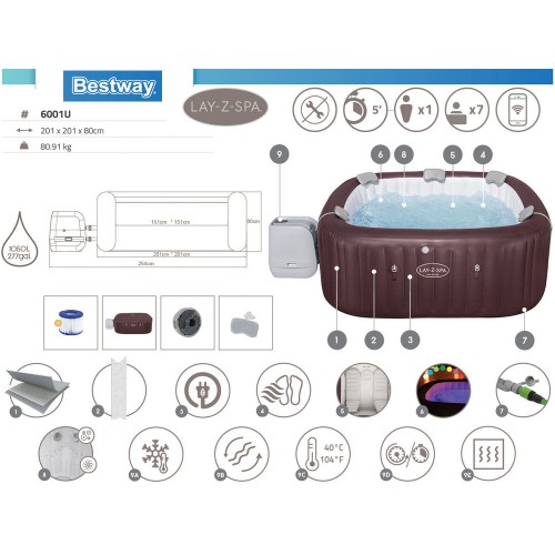 Bestway Lay-z-Spa Maldives Pro7 2025 джакузі WiFi LED app 5-7 людей 6001U фото 9