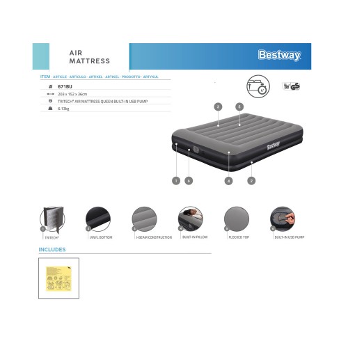 Надувний матрац Bestway Tritech із вбудованим USB-насосом 152x203 см 671BU фото 13